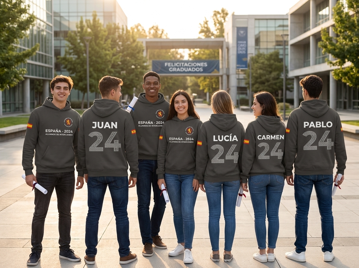 imagen de sudadera personalizada para institutos, con nombre de todos los de la clase formando el numero, nombre personalizado y logo bordado delante con coordenadas